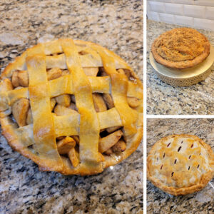 Picture of the three apple pie types vented, crumb and laced.